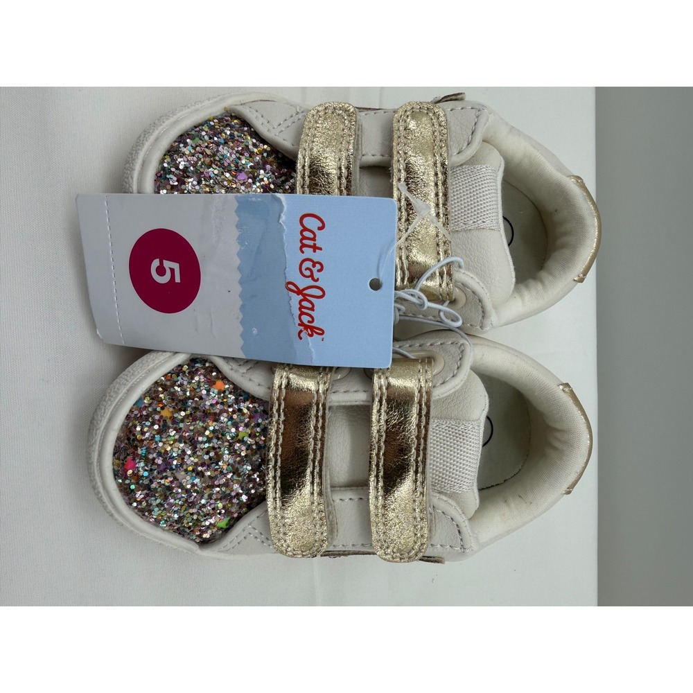 Cat & Jack Sneakers Girls Size 5 Cream Gold New Glitter Star Hook and Loop